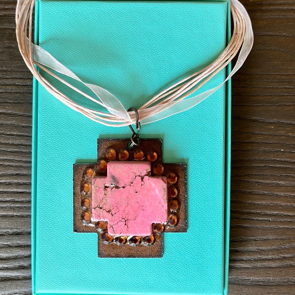 Pink Turquoise and Copper Cross Necklace